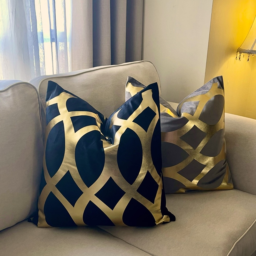 Two Luxury velvet  pillow grey,white, black with foil gold print Cover - Picture 6 of 17